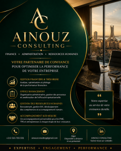 Ainouz Consulting spécialisé dans la gestion administrative, financière & RH et l’optimisation organisationnelle des entreprises. Nous accompagnons les dirigeants de TPE et PME dans la structuration de leur back-office afin d’améliorer leur efficacité opérationnelle et leur performance globale. Grâce à une approche sur mesure, nous intervenons comme un véritable partenaire stratégique dans la gestion quotidienne de votre organisation. Notre objectif : transformer votre organisation interne en un système structuré, fluide et performant.